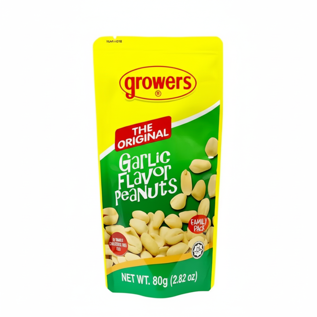 Pack of Growers Garlic Flavor Peanuts on a white background